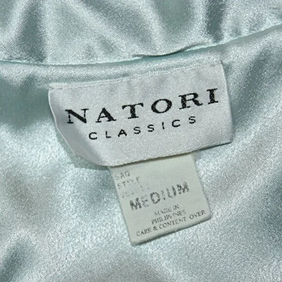 Vintage Natori Satin Floral Embroidered Full Length Winter Robe Lounge Blue M - Picture 14 of 14